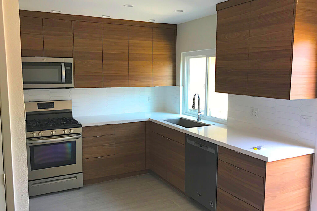 Kitchen remodel with wood grain cabinets